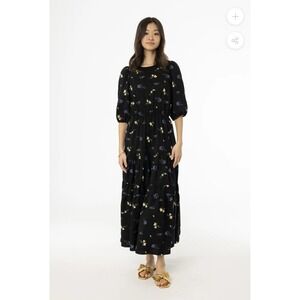 BLANK Womens Floral Tiered Dress Black Size Small 3/4 Puff Sleeve MSRP‎ $69